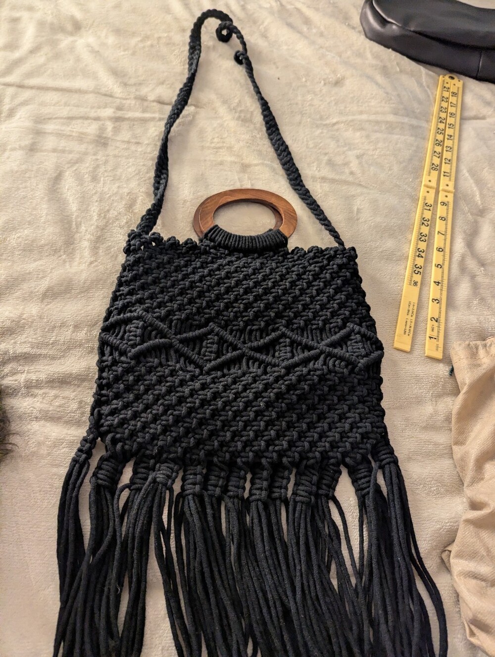 Black Macramé Fringe Shoulder Bag with Wooden Handle